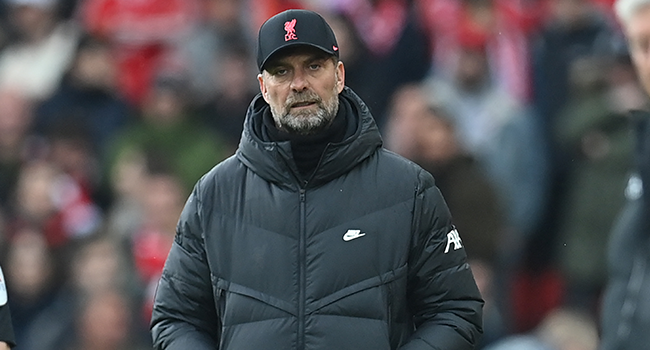 Liverpool's German manager Jurgen Klopp looks on during the English Premier League football match between Liverpool and Watford at Anfield in Liverpool, north west England on April 2, 2022. Paul ELLIS / AFP