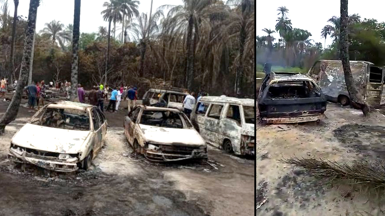 This combination of photos created on April 23, 2022, shows the aftermath of an explosion that rocked an illegal refinery in Imo State.