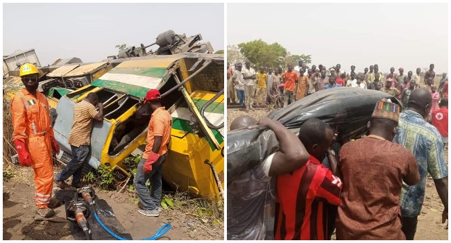 A photo combination depicting scenes of a train derailment in Kaduna on March 31, 2022.