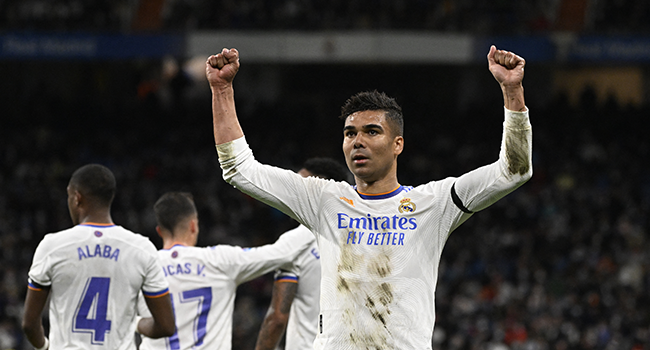 Real Madrid's Brazilian midfielder Casemiro celebrates after scoring a goal during the Spanish league football match between real Real Madrid CF and Getafe CF at the Santiago Bernabeu stadium in Madridon April 9, 2022. PIERRE-PHILIPPE MARCOU / AFP