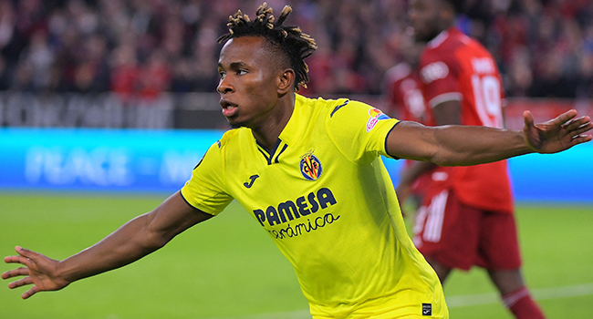 Villarreal's Nigerian midfielder Samuel Chukwueze celebrates scoring the 1-1 during the UEFA Champions League quarter-final, second leg football match FC Bayern Munich v FC Villarreal in Munich, southern Germany on April 12, 2022. Jose Jordan / AFP