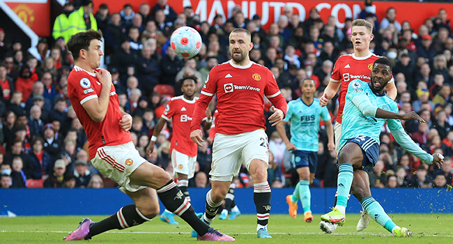 Leicester City's Nigerian striker Kelechi Iheanacho shoots the ball but misses to score during the English Premier League football match between Manchester United and Leicester City at Old Trafford in Manchester, north west England, on April 2, 2022. Lindsey Parnaby / AFP