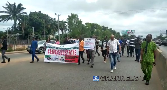 University students protested against the ASUU strike in Benin-city on May 5, 2022.