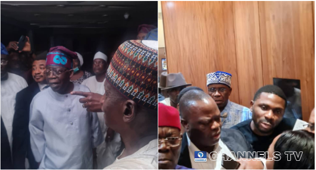 A photo combination of Bola Ahmed Tinubu and Rotimi Amaechi showing their arrival at Transcorp Hilton in Abuja for the APC presidential screening on May 30, 2022.