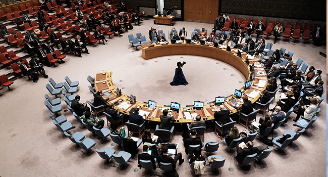 Members of the United Nations (U.N.), Security Council attend a meeting about the ongoing situation in Ukraine on May 05, 2022 in New York City. Spencer Platt/Getty Images/AFP
