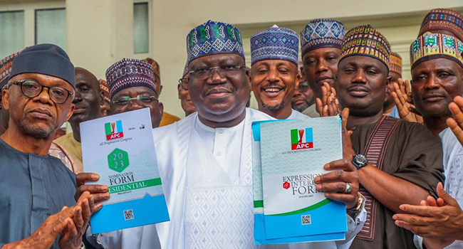 Senate President Ahmad Lawan displays APC presidential forms purchased on his behalf on May 9, 2022. Credit: Tope Brown