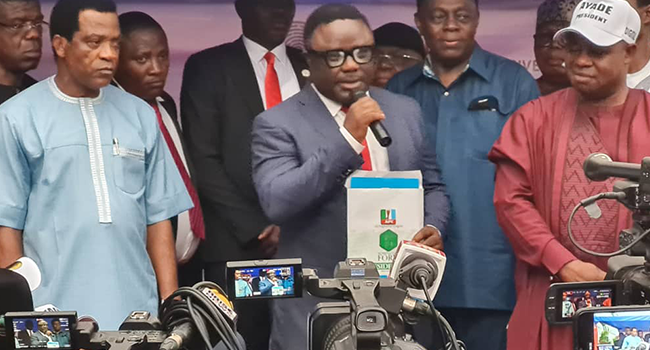 Cross River State Governor Ben Ayade speaks in Abuja on May 9, 2022, after accepting APC nomination and expression of interest forms.