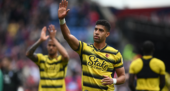 Watford's Moroccan-born Italian defender Adam Masina gestures to supporters after the English Premier League football match between Crystal Palace and Watford at Selhurst Park in south London on May 7, 2022. Daniel LEAL / AFP