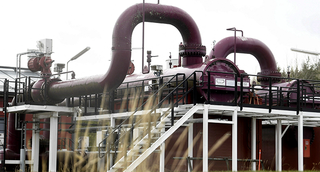 A photo taken on May 12, 2022 shows pipes at the Gasum plant in Raikkola, Imatra, Finland. Vesa Moilanen / Lehtikuva / AFP