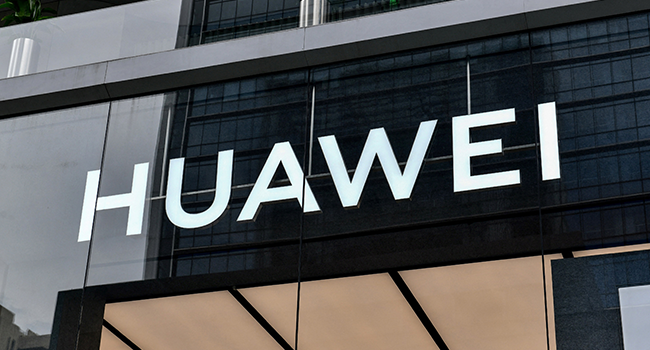 This file photo taken on May 31, 2021 shows a Huawei logo at the flagship store in Shenzhen, in China's southern Guangdong province. STR / AFP