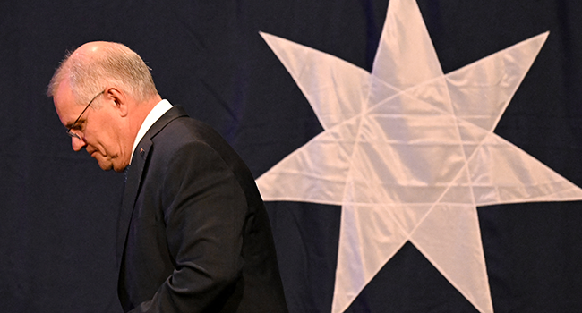 Australia's Prime Minister Scott Morrison leaves from a Liberal election night event after the Australian general election in Sydney on May 21, 2022. Saeed KHAN / AFP