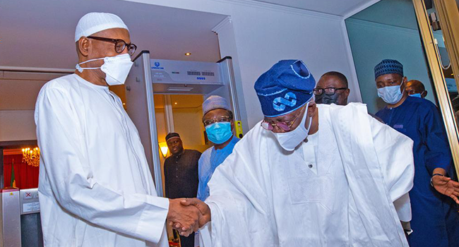 President Muhammadu Buhari received former Lagos State Governor Bola Ahmed Tinubu at the State House on May 3, 2022.