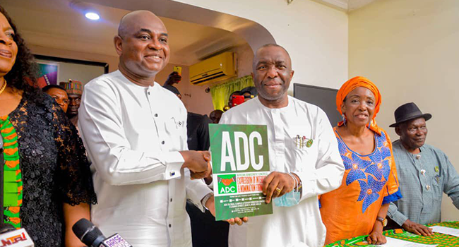 Professor Kingsley Moghalu (second left) picked up his ADC presidential form in Abuja on May 10, 2022.