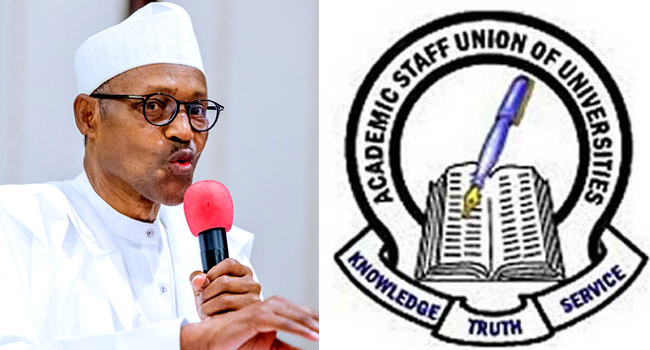 A photo combination showing President Muhammadu Buhari and the ASUU logo.