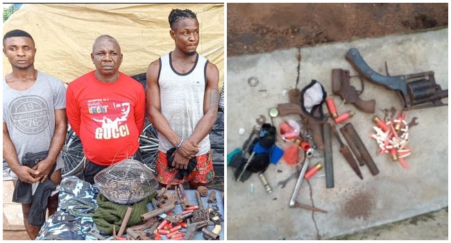 A photo combination of suspected IPOB/ESN members and arms recovered from them