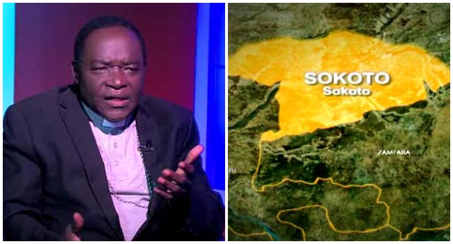 A photo combination of Mathew Kukah and a map of Sokoto State.