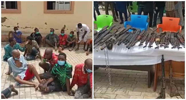 A photo combination of suspected criminals paraded in Abuja and weapons recovered by the police. 