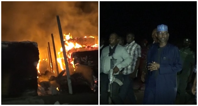 A photo combination of sections of the Dei-Dei market being gutted by fire and the FCT Minister, Mohammed Bello on May 18, 2022.