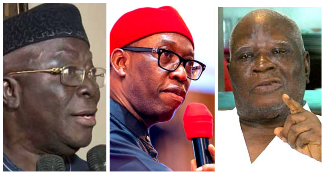 A photo combination of Ayo Adebanjo, Ifeanyi Okowa and Edwin Clark.