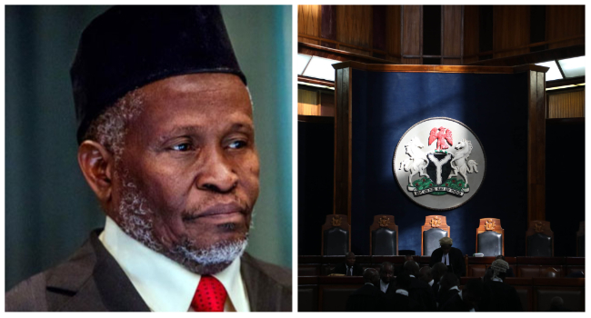 A photo combination of the Chief Justice of Nigeria, Justice Ibrahim Tanko Mohammad and a file photo of a Supreme Court session.