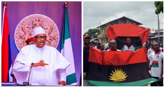 A photo combination of President Muhammadu Buhari and a group of persons holding the Biafra flag.