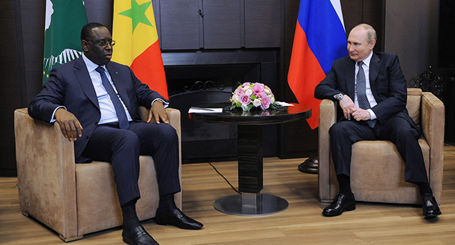 Russian President Vladimir Putin meets with Senegal's President and Chairperson of the African Union (AU) Macky Sall in Sochi on June 3, 2022. Mikhail KLIMENTYEV / SPUTNIK / AFP