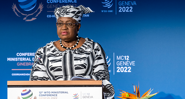 Director General of the World Trade Organisation (WTO), Nigerian Ngozi Okonjo-Iweala speaks at the opening ceremony of the 12th Ministerial Conference (MC12) taking place from June 12-15, in Geneva, at the headquarters of the World Trade Organization (WTO), in Geneva, Switzerland, Sunday, June 12, 2022. MARTIAL TREZZINI / POOL / AFP