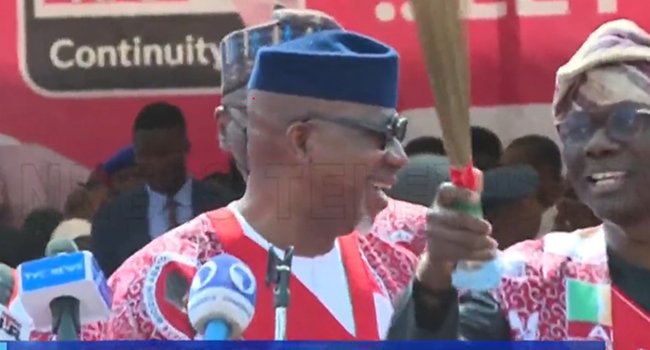 Ogun State Governor, Dapo Abiodun, was all smiles on June 14 after he was introduced as the 'Eleyi of Ogun State' at a political rally in Ekiti State.