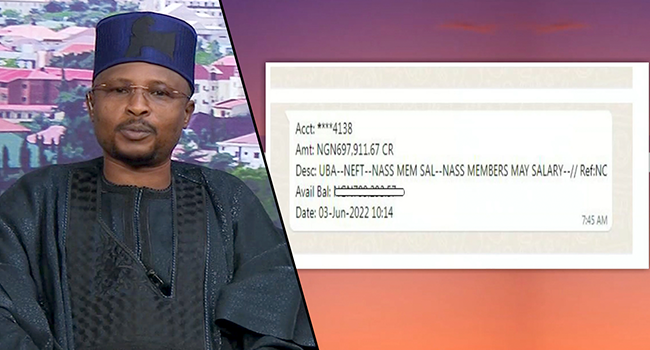 A photo combination of Hon Leke Abejide and a screenshot of his May salary.