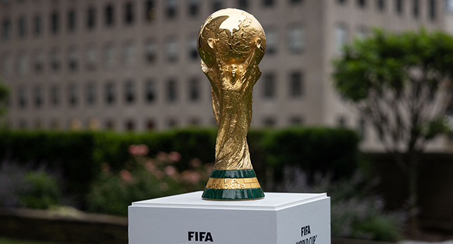 The FIFA World Cup trophy is displayed during an event in New York after an announcement related to the staging of the FIFA World Cup 2026, on June 16, 2022. Yuki IWAMURA / AFP