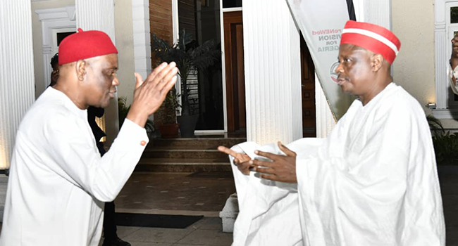 Rivers State Governor Nyesom Wike receives Rabiu Kwankwaso in Port Harcourt, Rivers State, on June 24, 2022.