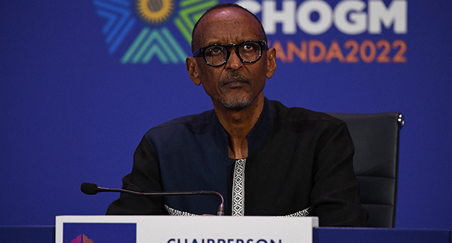 Rwanda's President Paul Kagame listens to questions from journalists during the end of the Commonwealth Heads of Government Meeting (CHOGM), at the Intare arena conference on June 25, 2022 in Kigali. Simon MAINA / AFP