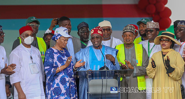 Bola Ahmed Tinubu delivers a speech at the Eagle Square in Abuja on June 8, 2022, after winning the APC presidential ticket for the 2023 elections. Sodiq Adelakun/Channels Television