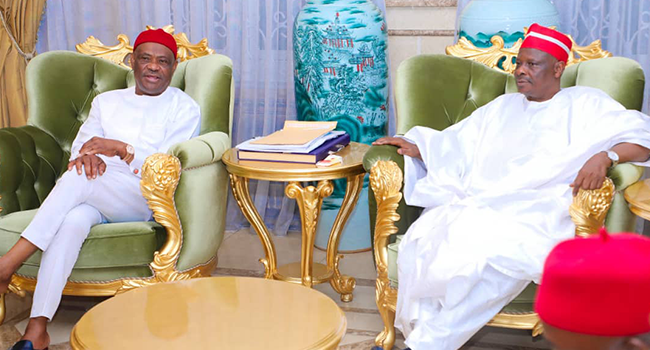 Rivers State Governor Nyesom Wike receives Rabiu Kwankwaso in Port Harcourt, Rivers State, on June 24, 2022.