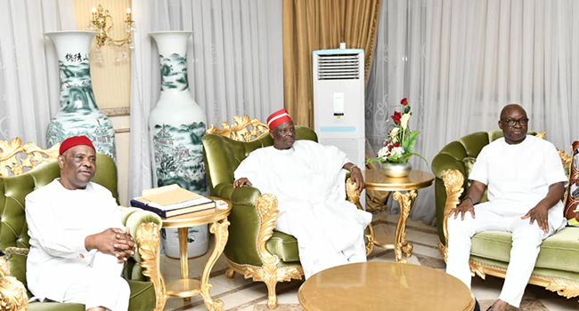 Rivers State Governor Nyesom Wike receives Rabiu Kwankwaso in Port Harcourt, Rivers State, on June 24, 2022.