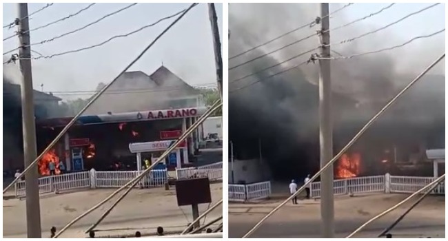 This photo combination shows a filling station engulfed by fire in Kano on June 2, 2022. 
