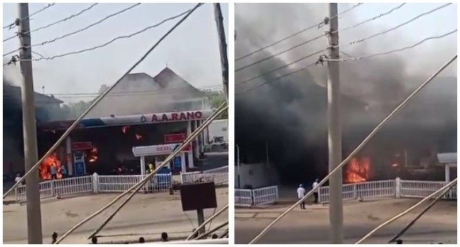 This photo combination shows a filling station engulfed by fire in Kano on June 2, 2022.