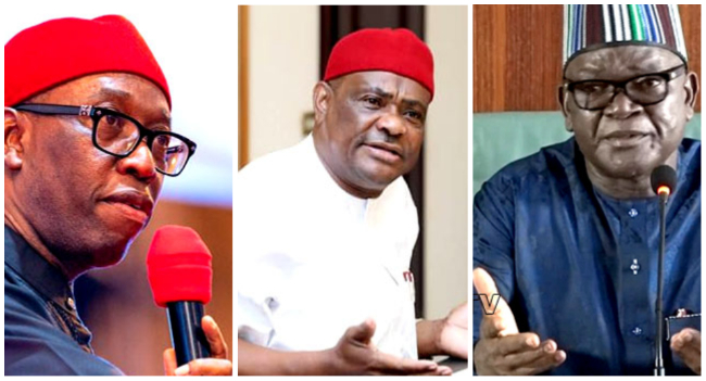 A photo combination of Ifeanyi Okowa, Nyesom Wike and Samuel Ortom.