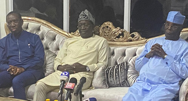 Former Vice President Atiku Abubakar, PDP National Chairman, Iyorchia Ayu, and Governor Ifeanyi Okowa of Delta State, attend a meeting with PDP senators on July 26, 2022.