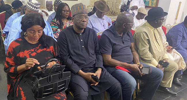 Former Vice President Atiku Abubakar, PDP National Chairman, Iyorchia Ayu, and Governor Ifeanyi Okowa of Delta State, attend a meeting with PDP senators on July 26, 2022.