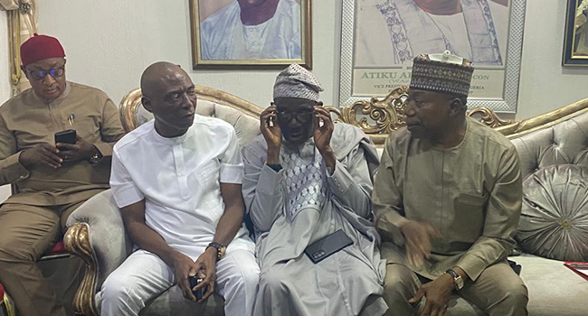 Former Vice President Atiku Abubakar, PDP National Chairman, Iyorchia Ayu, and Governor Ifeanyi Okowa of Delta State, attend a meeting with PDP senators on July 26, 2022.