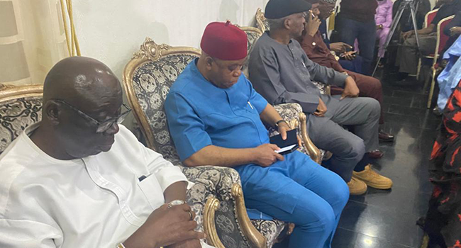 Former Vice President Atiku Abubakar, PDP National Chairman, Iyorchia Ayu, and Governor Ifeanyi Okowa of Delta State, attend a meeting with PDP senators on July 26, 2022.