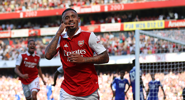 Arsenal's Brazilian striker Gabriel Jesus celebrates after scoring their second goal during the English Premier League football match between Arsenal and Leicester City at the Emirates Stadium in London on August 13, 2022. (Photo by ADRIAN DENNIS / AFP)