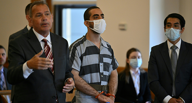 Hadi Matar, the man accused in the attempted murder of British author Salman Rushdie, appears in court for a procedural hearing at Chautauqua County Courthouse in Mayville, New York on August 18, 2022. (Photo by ANGELA WEISS / AFP)