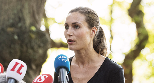 Prime minister of Finland Sanna Marin holds a press conference in Helsinki, Finland, on August 19, 2022, after videos showing her partying and leaked into social media have sparked criticism. (Photo by Roni Rekomaa / LEHTIKUVA / AFP)