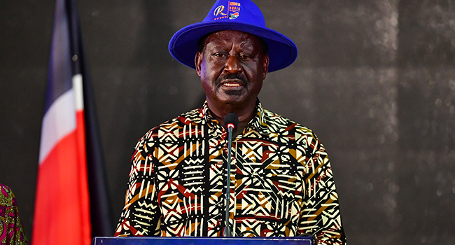 Kenya's defeated presidential candidate Raila Odinga speaks during a press conference at the Kenyatta International Convention Centre (KICC) in Nairobi on August 16, 2022. Photo by Tony KARUMBA / AFP