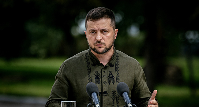 Ukraine's President Volodymyr Zelensky attends a joint press conference with his Polish counterpart in Kyiv on August 23, 2022, amid Russia's military invasion launched on Ukraine. (Photo by Dimitar DILKOFF / AFP)