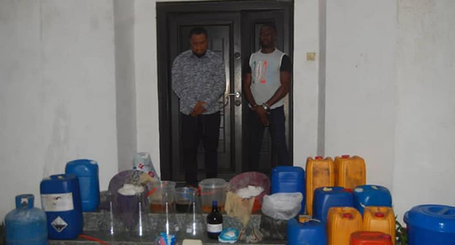 The suspects said to be operating a meth lab inside a building in VGC estate, Lagos.