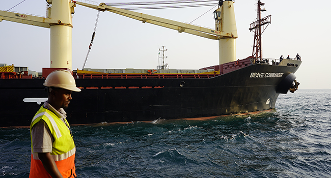 This hand out photo taken and released by the World Food Programme (WFP) on August 30, 2022 in Djibouti shows the MV Brave Commander that reached the port of Djibouti with 30,000 MT wheat grain for the Ethiopia operation. Photo by Claire Nevill / WFP / AFP