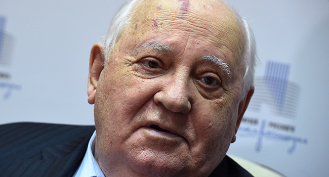 In this file photo taken on December 16, 2016 former head of the Soviet Union Mikhail Gorbachev speaks during a ceremony to hand over three paintings by Russian artist Paul Chmaroff including "Paysannes dans les Bois", "Deux Baigneuses" and "Autoportrait", to the Museum of Russian Impressionism in Moscow. (Photo by Vasily MAXIMOV / AFP)